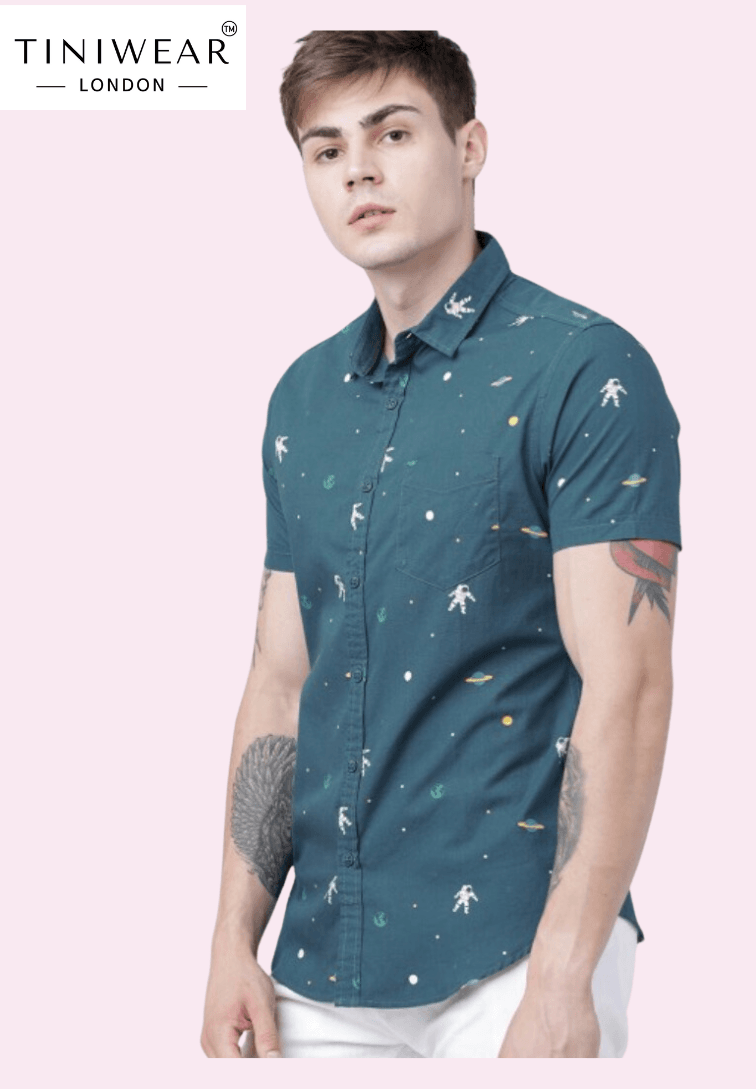 Teal Blue Printed Shirt - Image 2