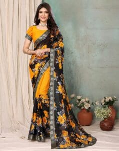 Georgette with Lace Saree in Yellow from Tiniwear
