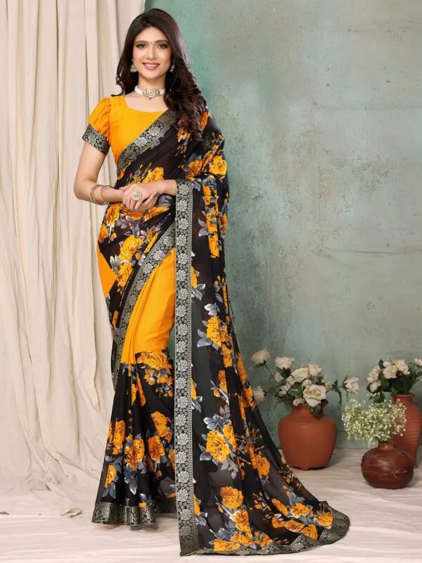 Georgette with Lace Saree in Yellow from Tiniwear