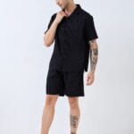 Black Duo Set for men - coordinated cotton half-sleeve shirt and shorts combo by Tiniwear, perfect for summer streetwear in Sri Lanka