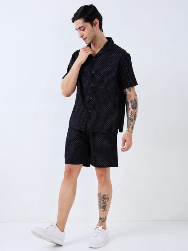 Black Duo Set for men - coordinated cotton half-sleeve shirt and shorts combo by Tiniwear, perfect for summer streetwear in Sri Lanka